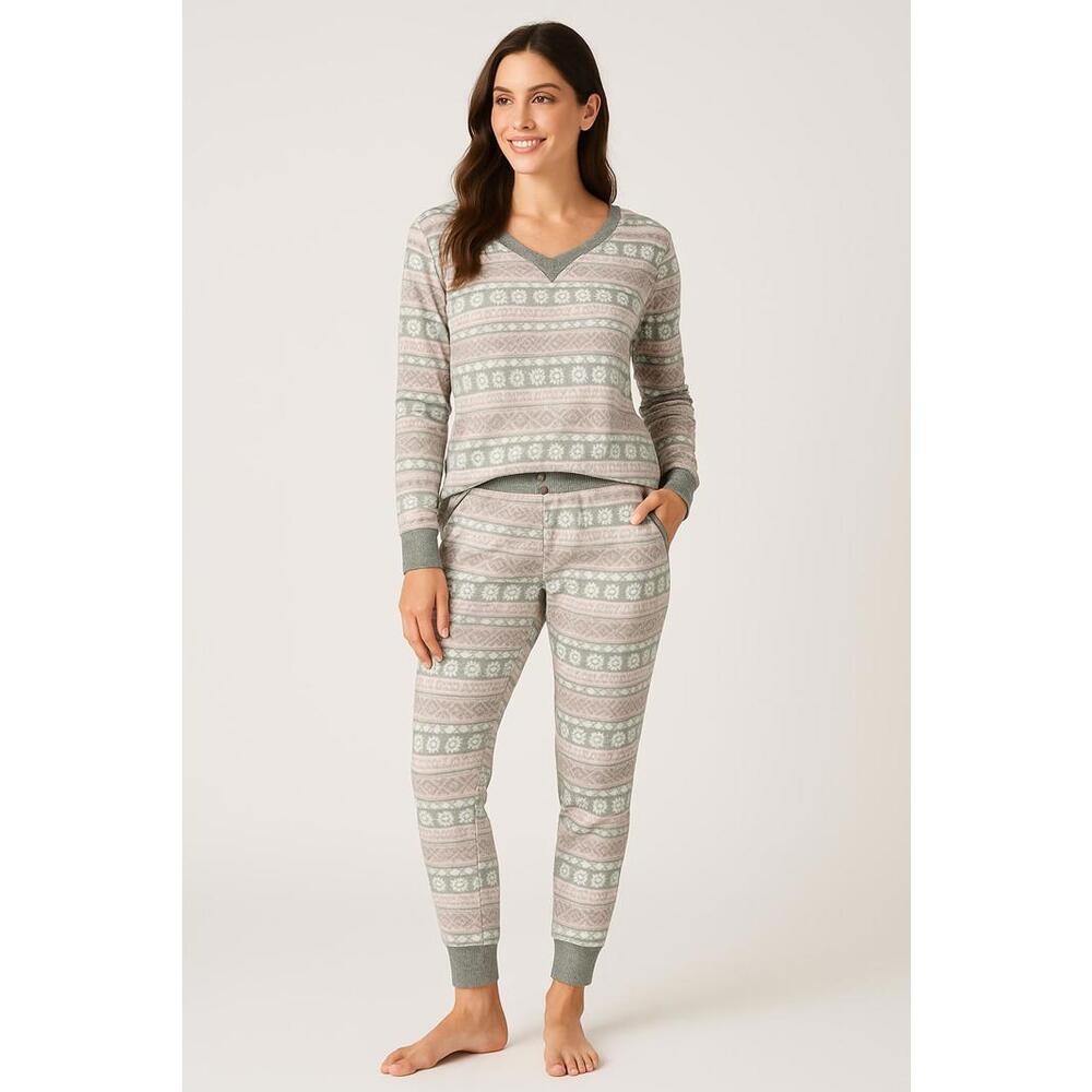 Cuddl Duds Cozy Cuddles Fair Isle Pajama Set Women’s M Gray White Pink
